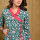 Classy Floweral Print Cotton Tunic with Overlap Style and Front Pockets