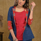 Elegant Blue Cotton Jacket with Ajrakh Collar and Plain Inner