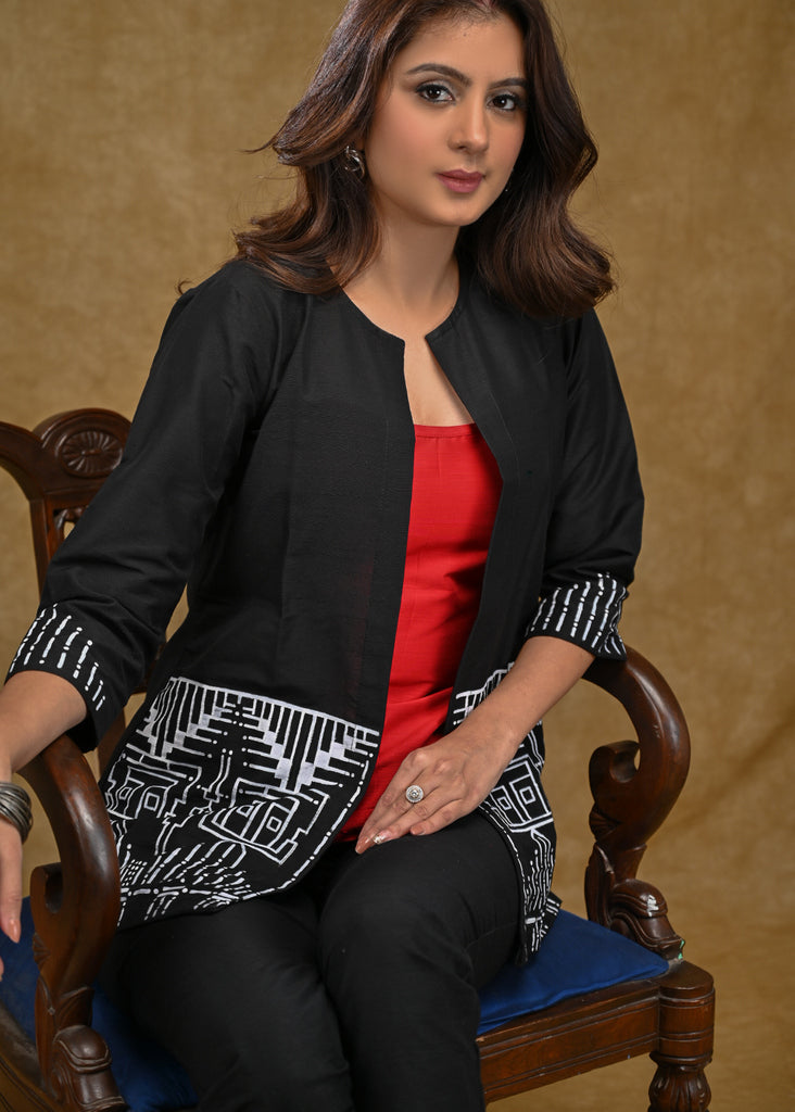 Black Cotton Silk Handpainted Jacket with Classy White Hand painting And Red Inner.