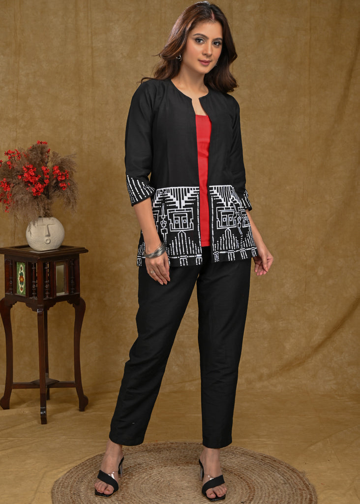 Black Cotton Silk Handpainted Jacket with Classy White Hand painting And Red Inner.