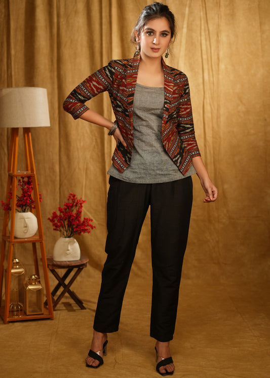 Grey Border Ikat Jacket with Grey Inner