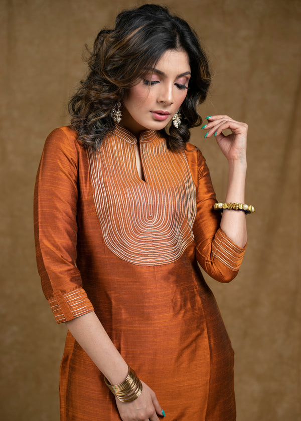Rust Glass Print Long Sleeve Kurta Set