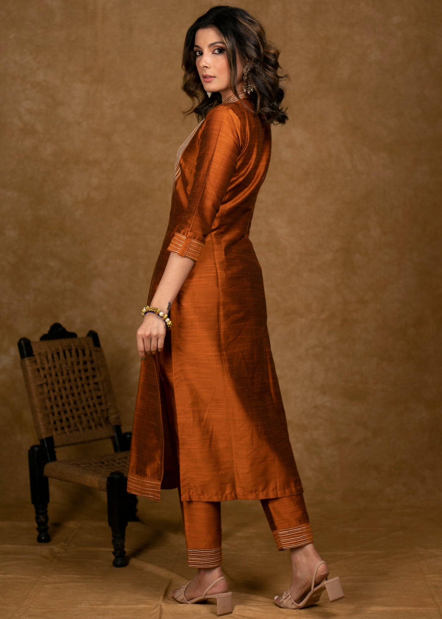 Classy Rust Cotton Silk Kurta Pant Set with Unique Gold Zari Work and Heavy Chanderi Dupatta - 3 Piece