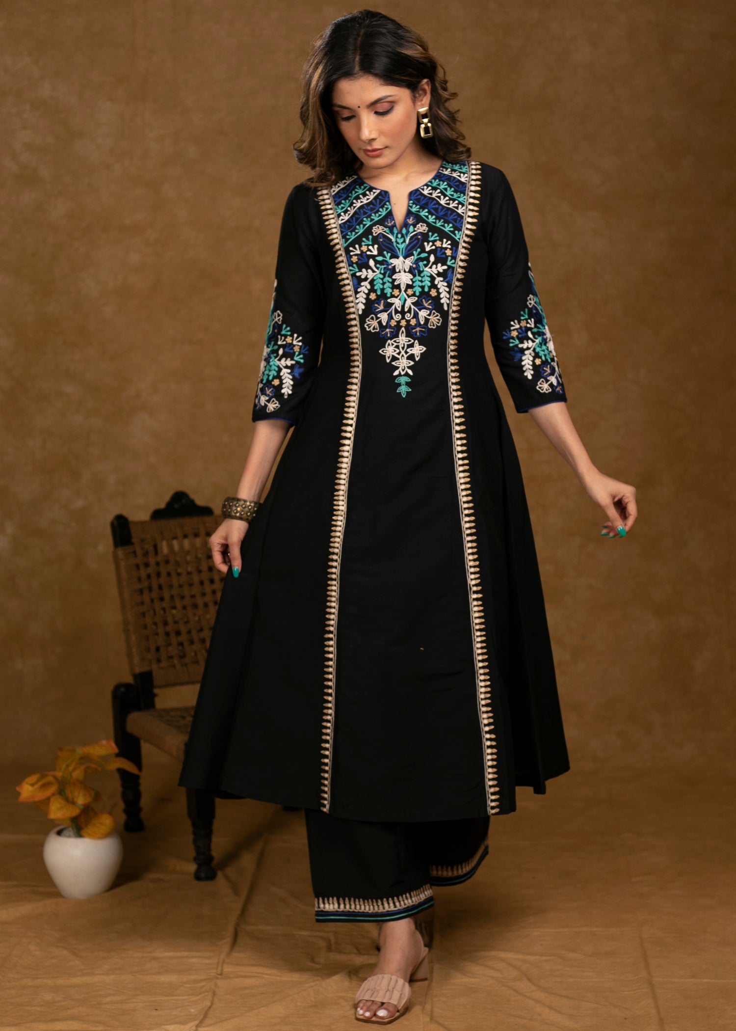 Exclusive Black Cotton Silk Kurta & Pant Set with Embroidered Panel Yoke & Sleeves