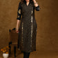 Party Wear Black Brocade Kurta with Intricate Front Embroidery Panel - Pant Optional