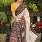 Smart cotton Ajrakh & plain cream Cotton saree with beautiful Ikaat, Ajrakh border