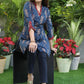 Elegant Dark Blue Ikat Print with Red Cotton In Placket and Sleeves.