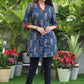 Elegant Dark Blue Ikat Print with Red Cotton In Placket and Sleeves.