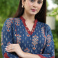 Elegant Dark Blue Ikat Print with Red Cotton In Placket and Sleeves.