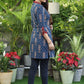 Elegant Dark Blue Ikat Print with Red Cotton In Placket and Sleeves.