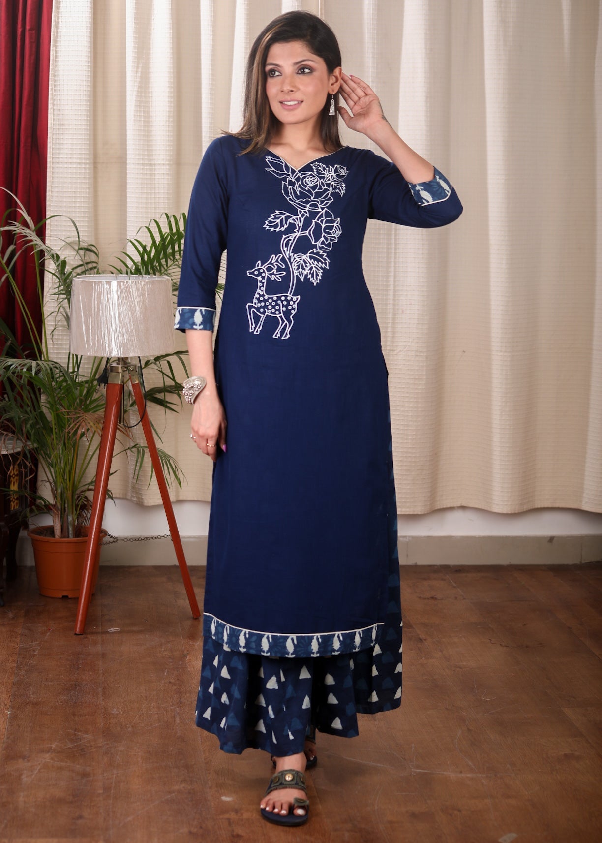Stunning Pure Cotton Straight Cut Kurta with Exclusive Hand painting and Ikat