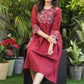 Beautiful Cotton Maroon A-Line Dress with Kantha Work Yoke and Pocket