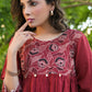 Beautiful Cotton Maroon A-Line Dress with Kantha Work Yoke and Pocket