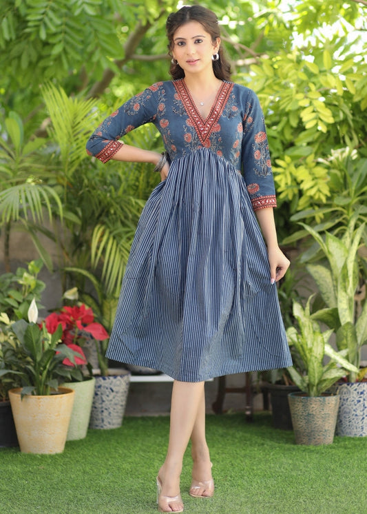 Classy Indigo and Ajrakh V-Neck Fit and Flare Dress