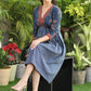Classy Indigo and Ajrakh V-Neck Fit and Flare Dress