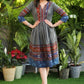 Exclusive Gray Gathered Cotton Dress with Ikat and Indigo Flared Hem