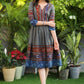 Exclusive Gray Gathered Cotton Dress with Ikat and Indigo Flared Hem