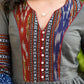 Exclusive Gray Gathered Cotton Dress with Ikat and Indigo Flared Hem