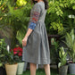 Exclusive Gray Gathered Cotton Dress with Ikat and Indigo Flared Hem