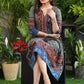 Exclusive Gray Gathered Cotton Dress with Ikat and Indigo Flared Hem