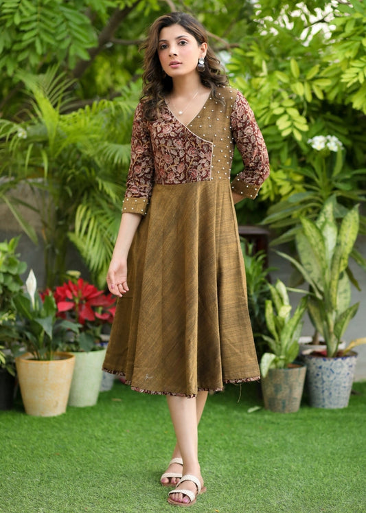 Exclusive Yellow Cotton and Kalamkari Combination Dress with Hand Embroidered Pearls