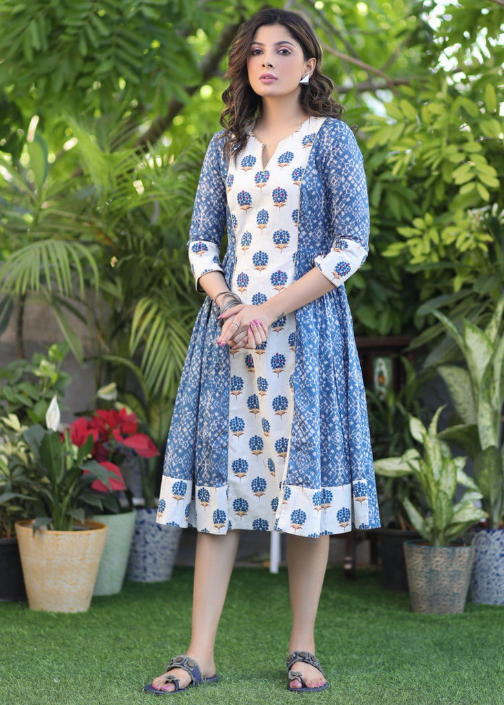 Beautiful Viscos Printed and off-White Printed Cotton Combination A-Line Dress