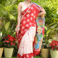Stylish White & Red Pure Silk Momchitra Batik Saree