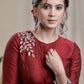 Maroon Cotton Silk Blouse With lining and  Exclusiv e Front and Back Embroidery and Bow.Lining Given