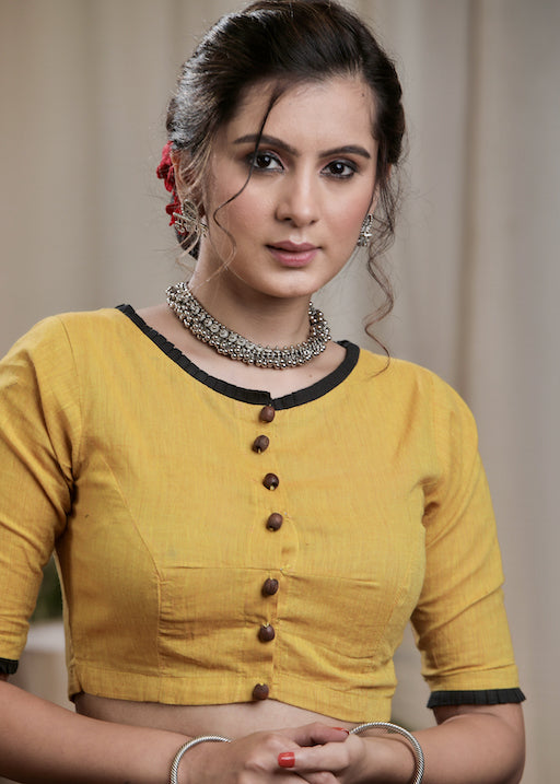 Mustard Yellow  Cotton Handloom Blouse with wooden Button .Lining Given