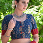 Blue Printed Blouse with Maroon Cotton Detailing and Buttons