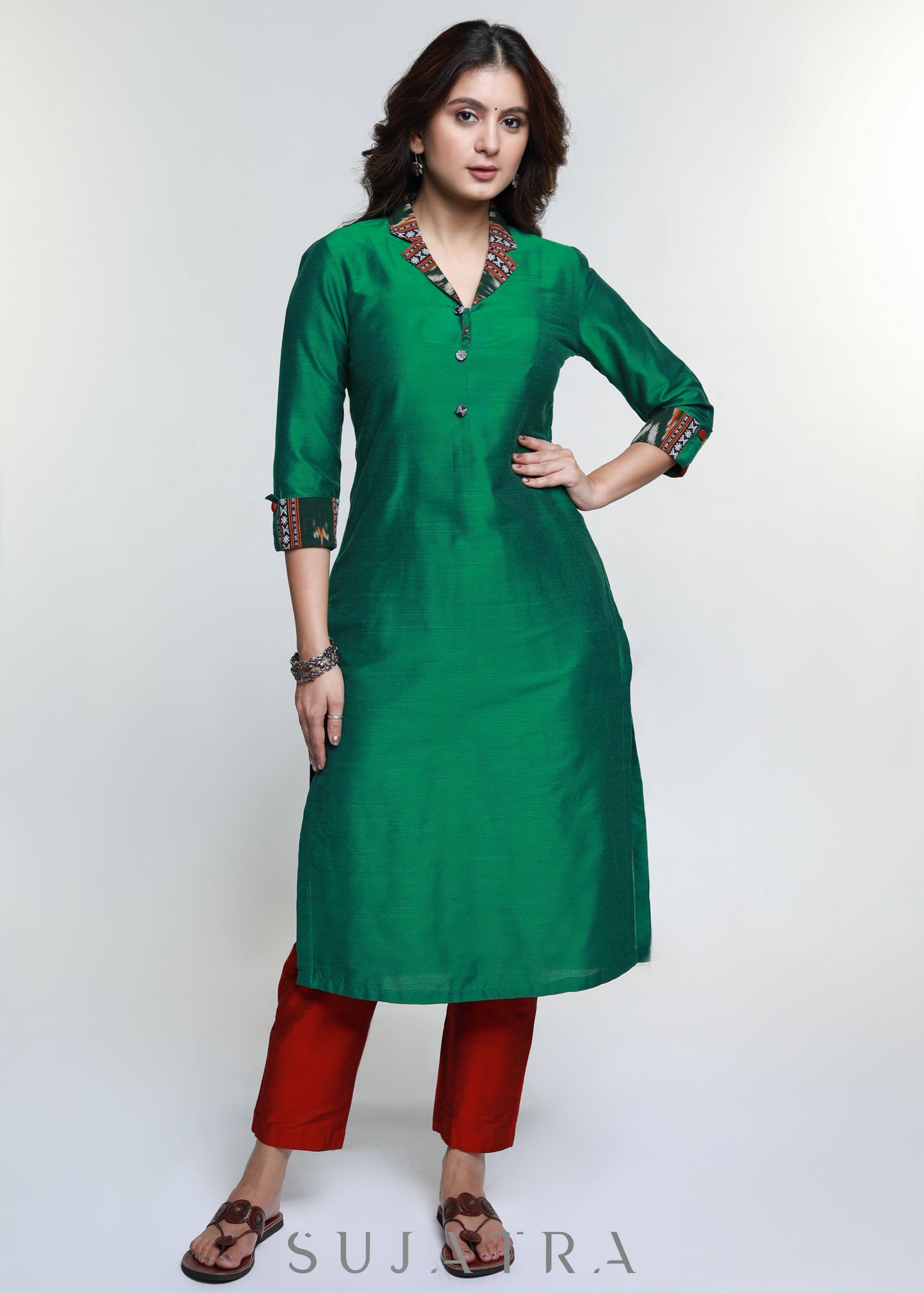 Green Cotton Silk Kurta with Ikat Collar-Pant Optional