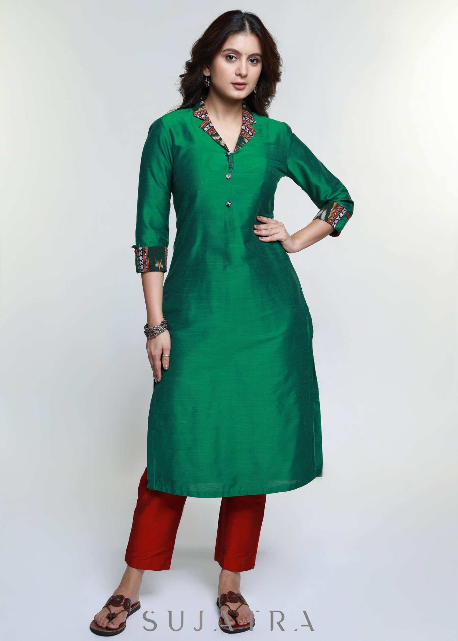 Green Cotton Silk Kurta with Ikat Collar-Pant Optional