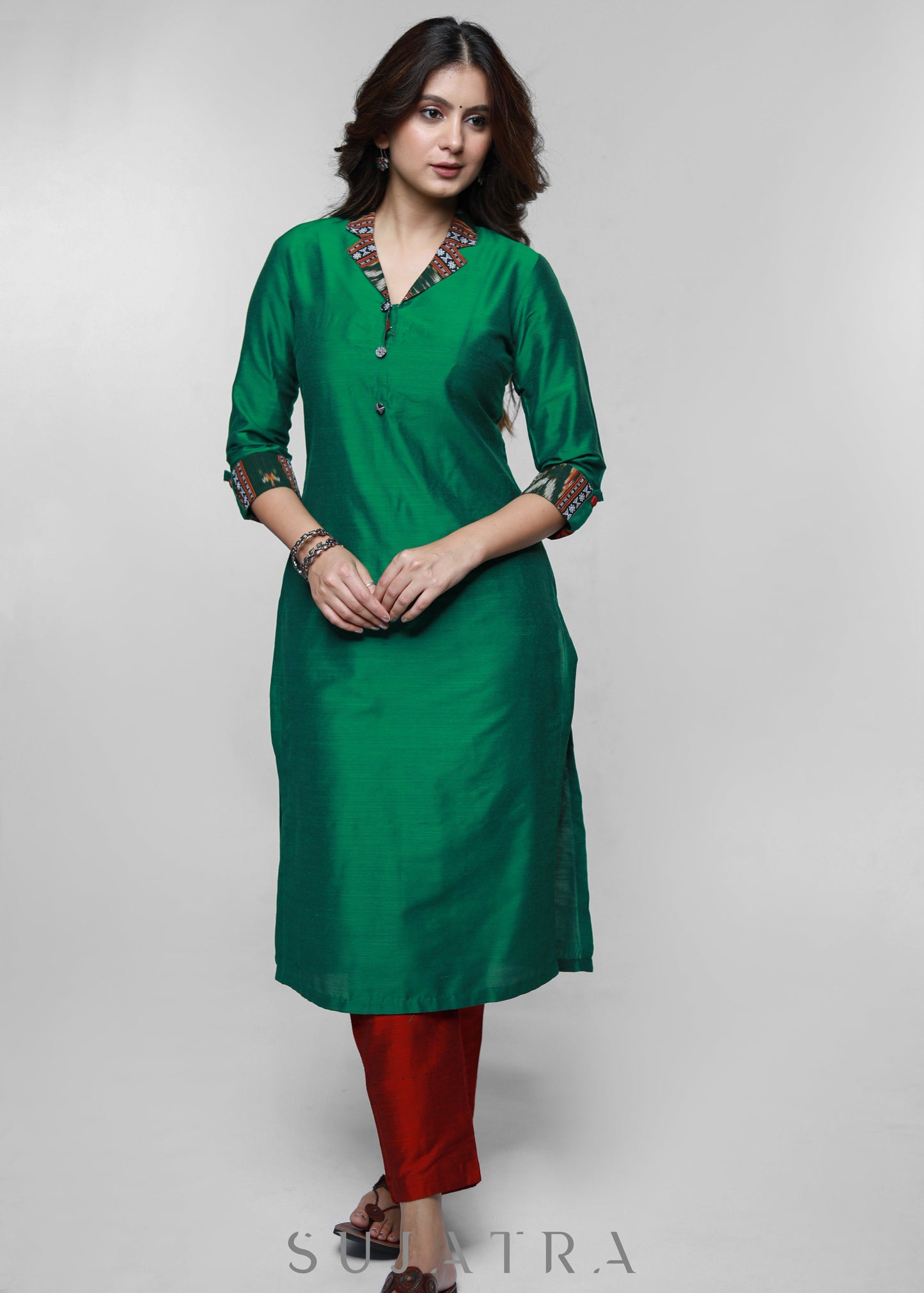 Green Cotton Silk Kurta with Ikat Collar-Pant Optional