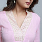 Pink Cotton High Neck Kurta with delicate laces-Pant Optional