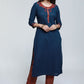 Navy Blue Cotton Ajrak Kurta with Applique Work-Pant Optional