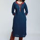 Navy Blue Cotton Ajrak Kurta with Applique Work-Pant Optional