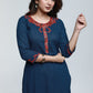 Navy Blue Cotton Ajrak Kurta with Applique Work-Pant Optional