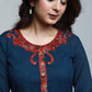 Navy Blue Cotton Ajrak Kurta with Applique Work-Pant Optional