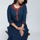 Navy Blue Cotton Ajrak Kurta with Applique Work-Pant Optional