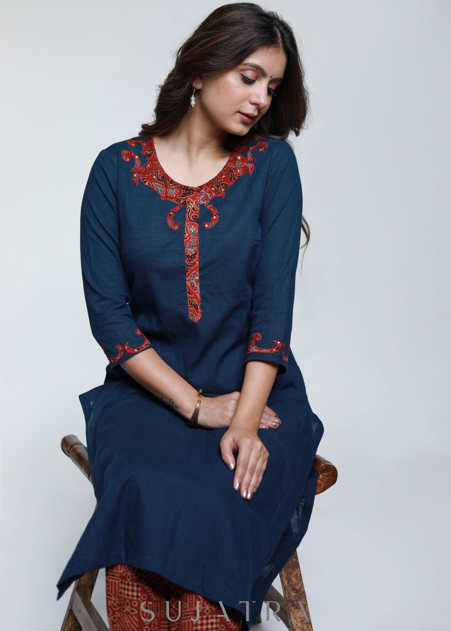 Navy Blue Cotton Ajrak Kurta with Applique Work-Pant Optional