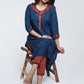 Navy Blue Cotton Ajrak Kurta with Applique Work-Pant Optional