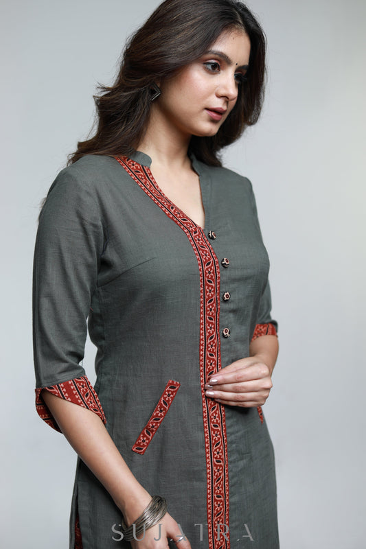 Grey Cotton Ajrakh Kurta-Pant Optional