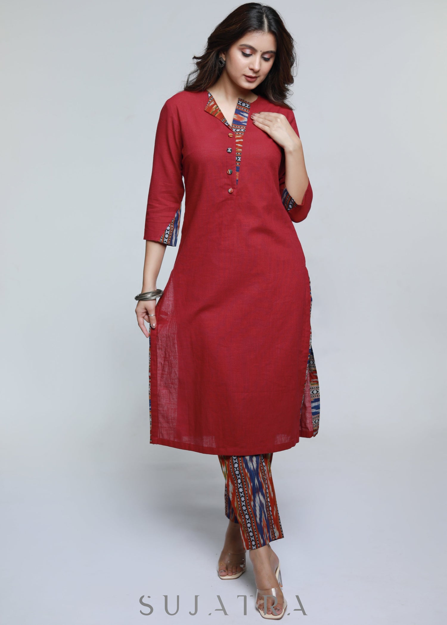 Wine Cotton Ikat Straight Kurta-Pant Optional