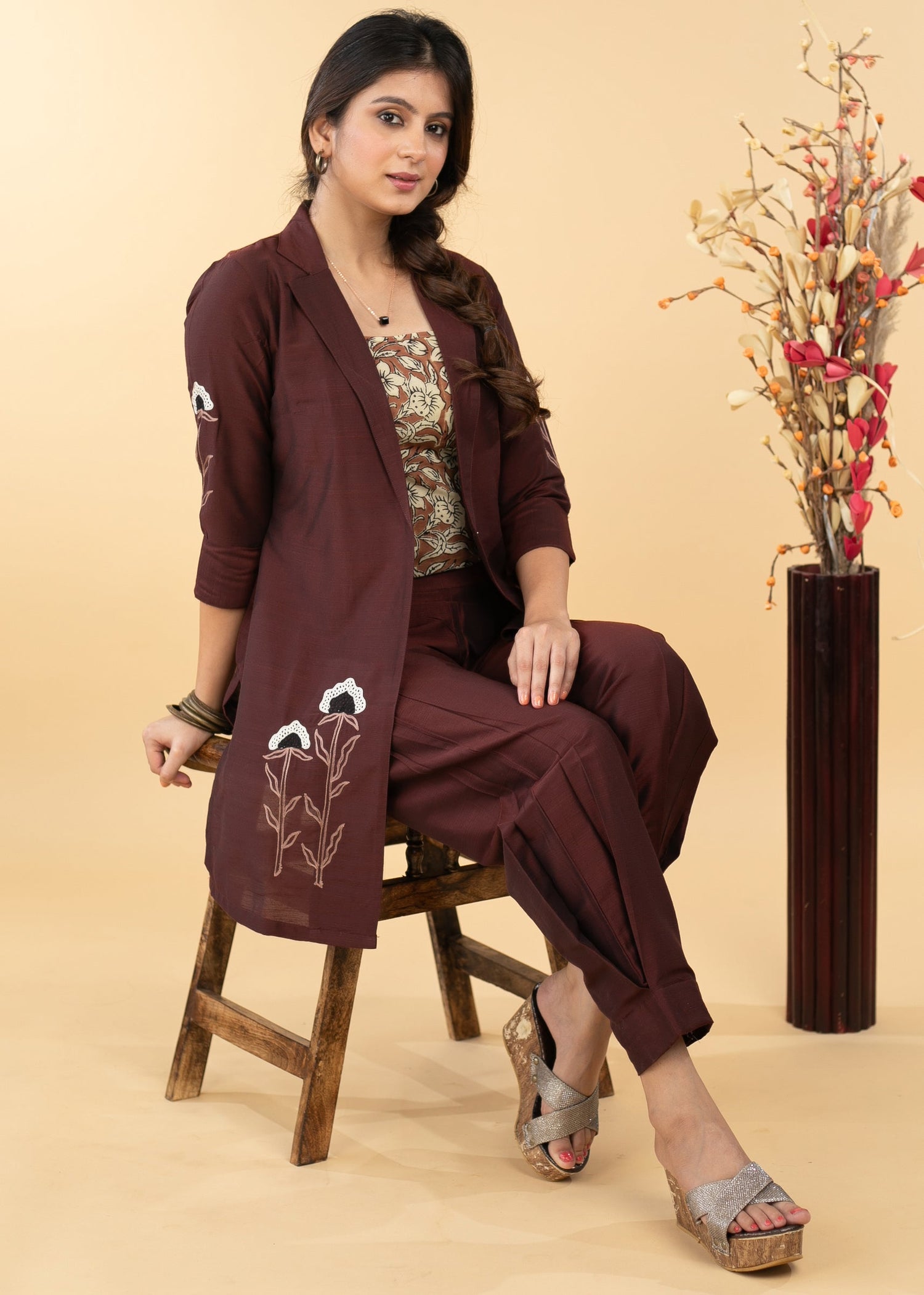 Embroidered Coffee Brown Cotton Silk Evening Jacket