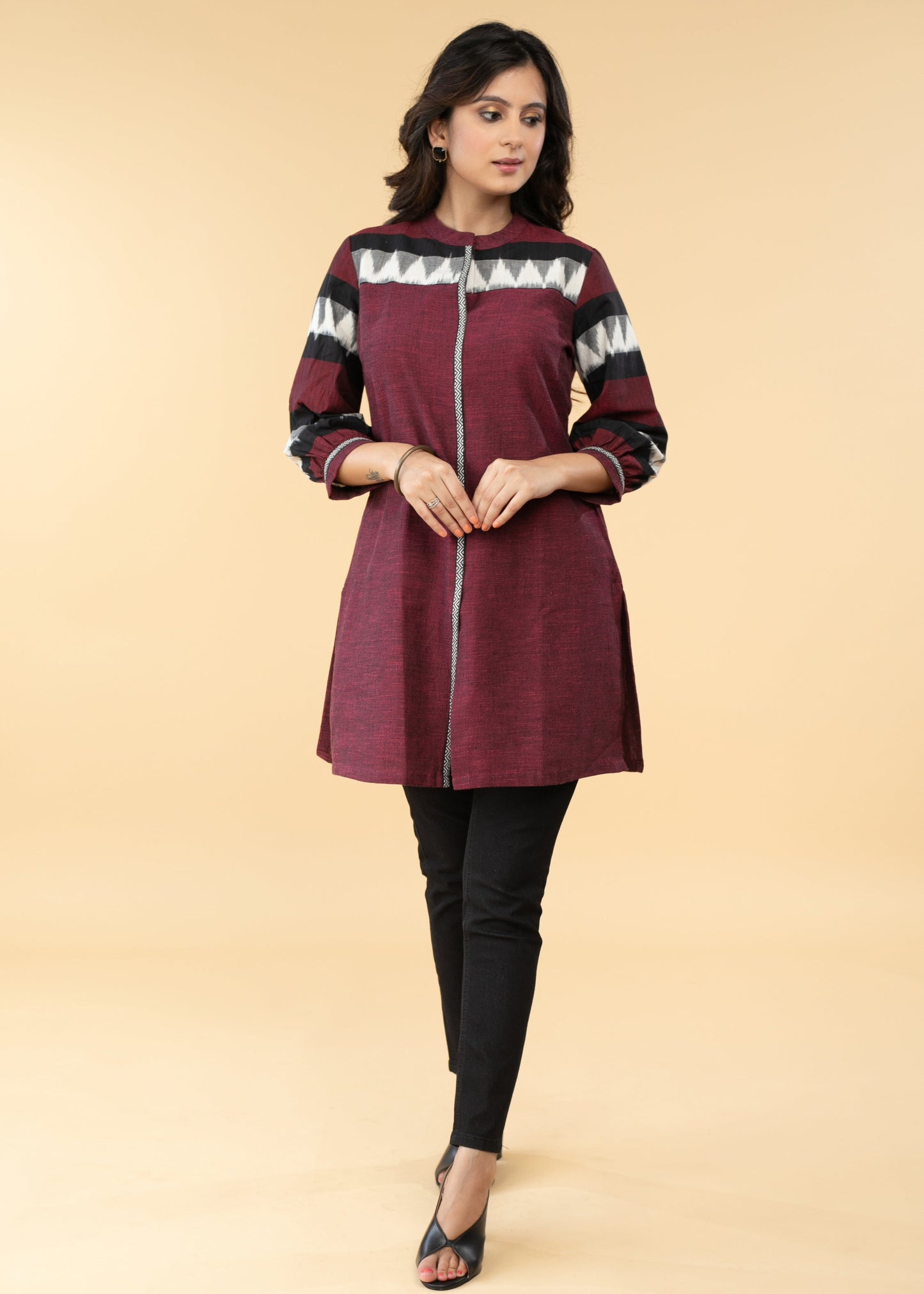 Elegant Pure Cotton Maroon Ikat Combination Tunic - Pant Optional