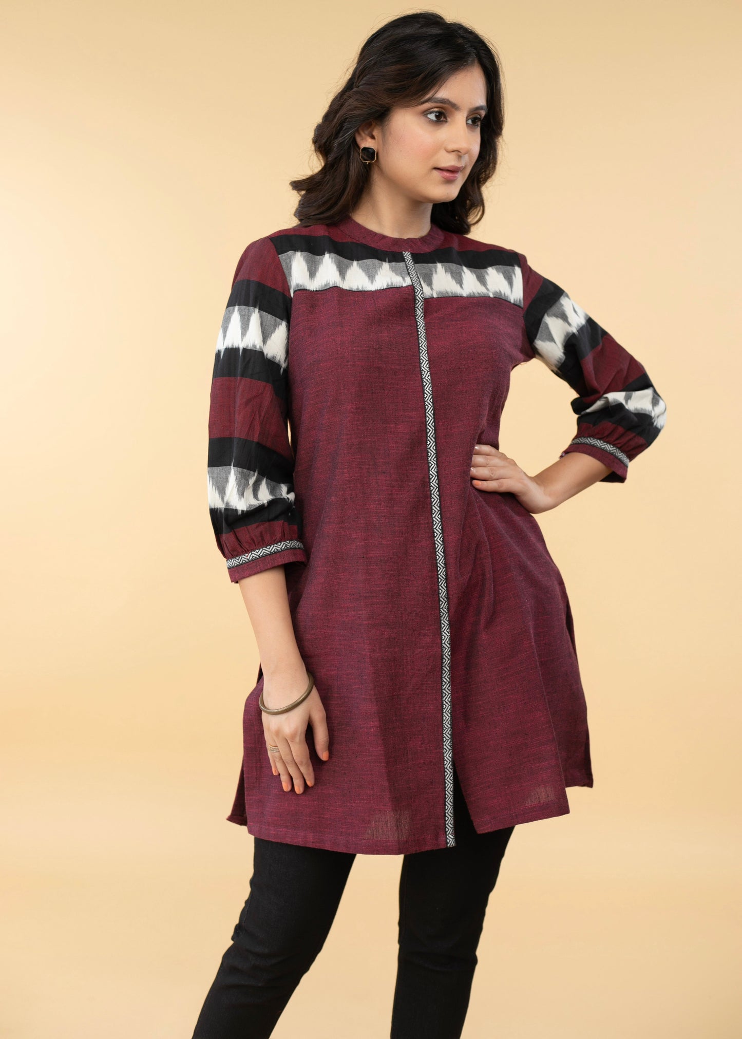 Elegant Pure Cotton Maroon Ikat Combination Tunic - Pant Optional