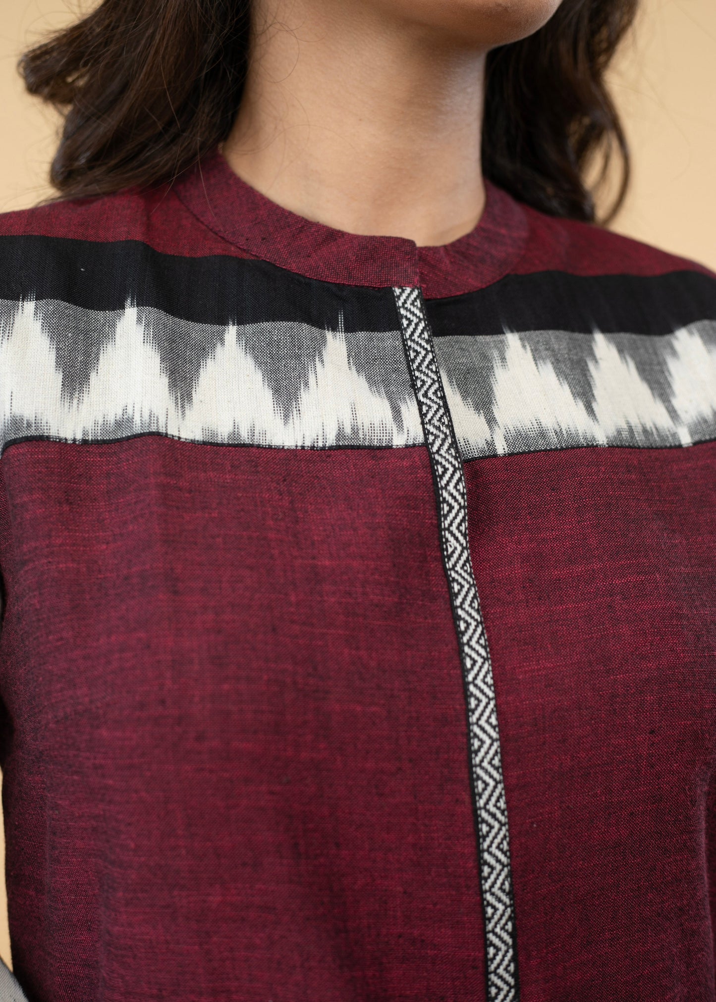 Elegant Pure Cotton Maroon Ikat Combination Tunic - Pant Optional