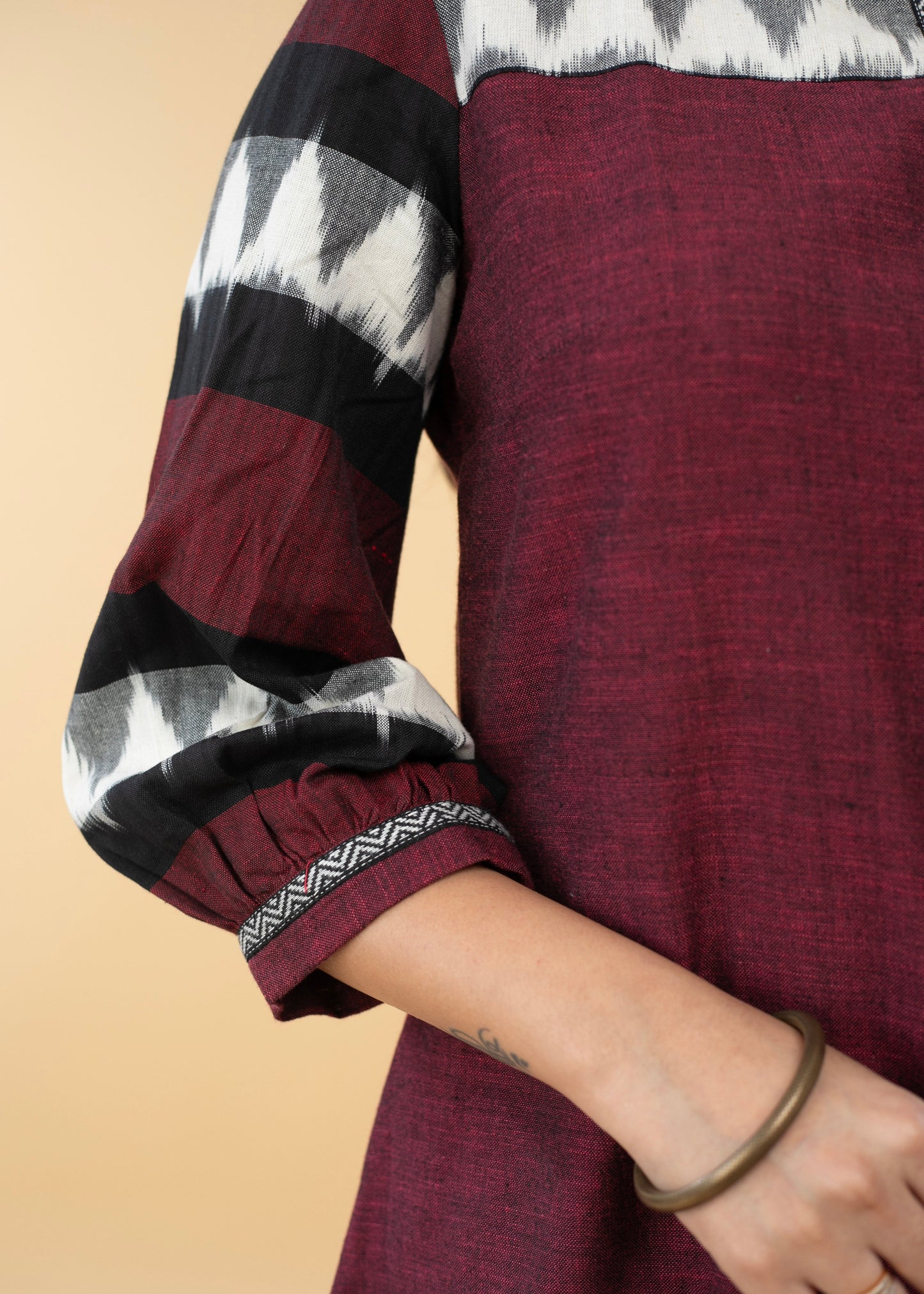 Elegant Pure Cotton Maroon Ikat Combination Tunic - Pant Optional