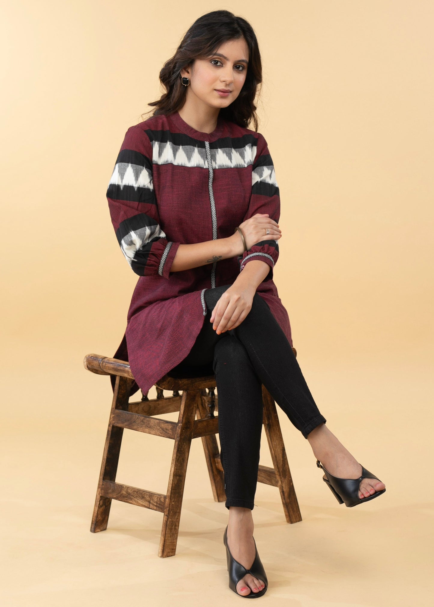 Elegant Pure Cotton Maroon Ikat Combination Tunic - Pant Optional
