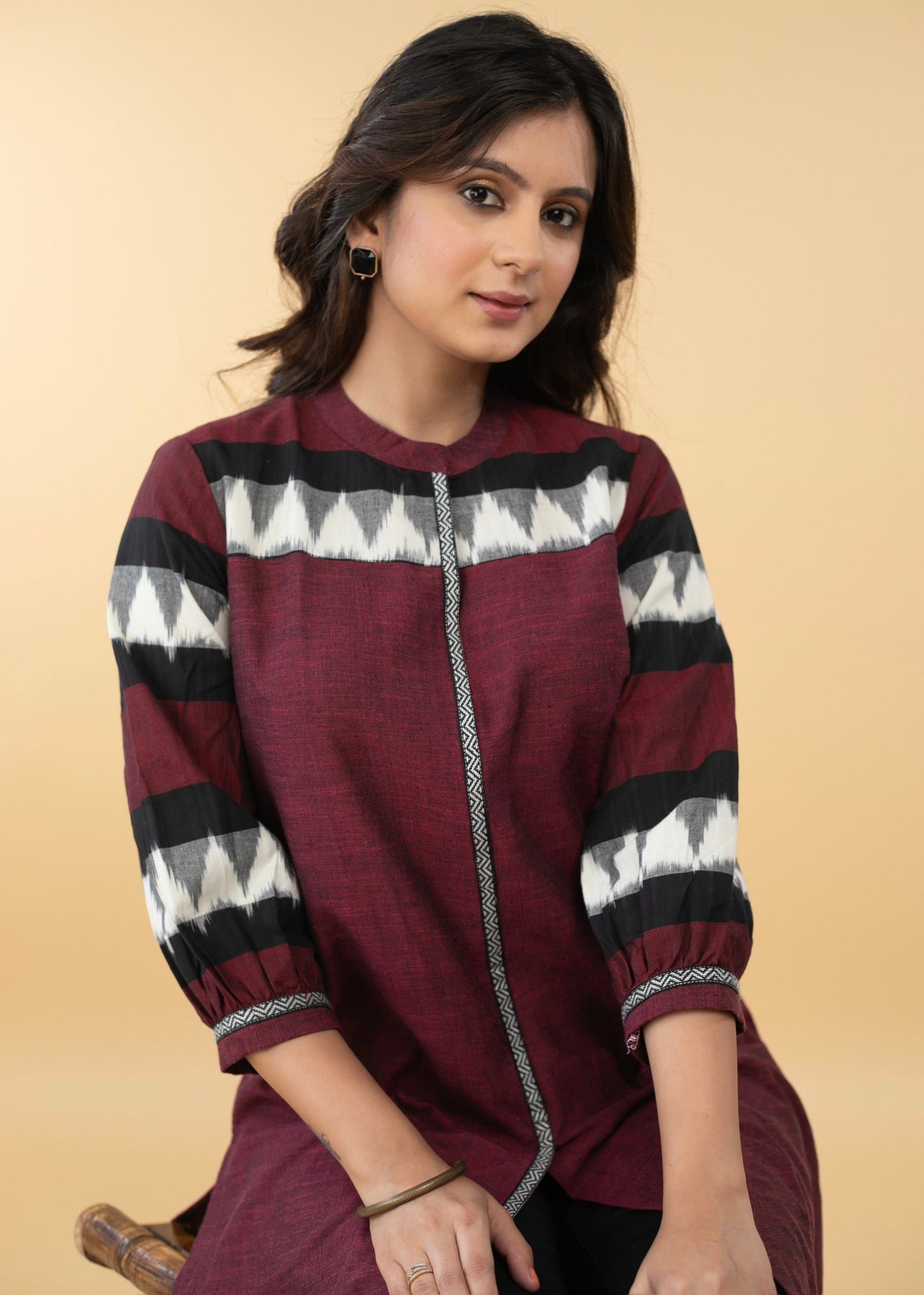 Elegant Pure Cotton Maroon Ikat Combination Tunic - Pant Optional